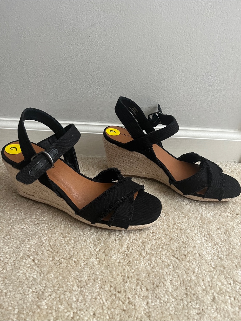 Lucky Brand Black Frayed-Cross Ankle Strap Sandals